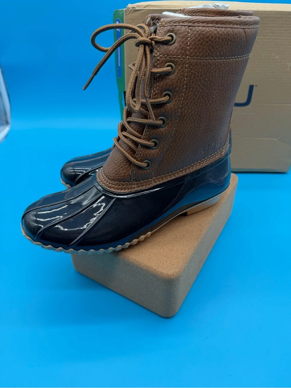 JBU Two-Tone Waterproof Lace-Up Duck Boots in Brown and Black womens US 6